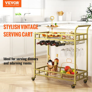 Gold Bar Cart | 2-Tier Metal Serving Cart with Wine Rack & Glass Holder
