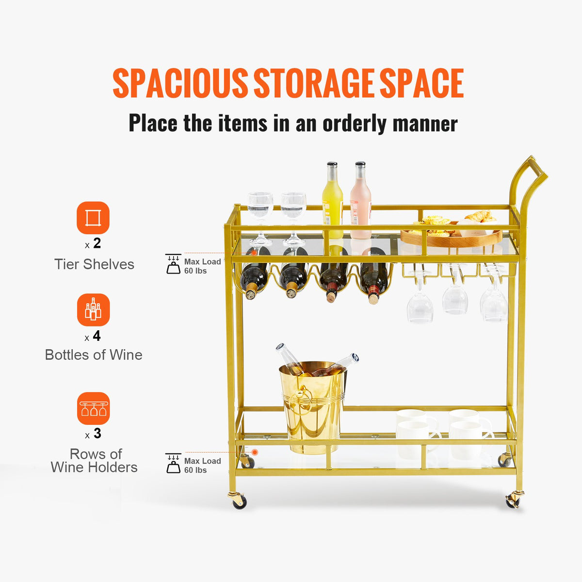 Gold Bar Cart | 2-Tier Metal Serving Cart with Wine Rack & Glass Holder