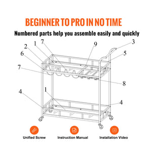 Gold Bar Cart | 2-Tier Metal Serving Cart with Wine Rack & Glass Holder