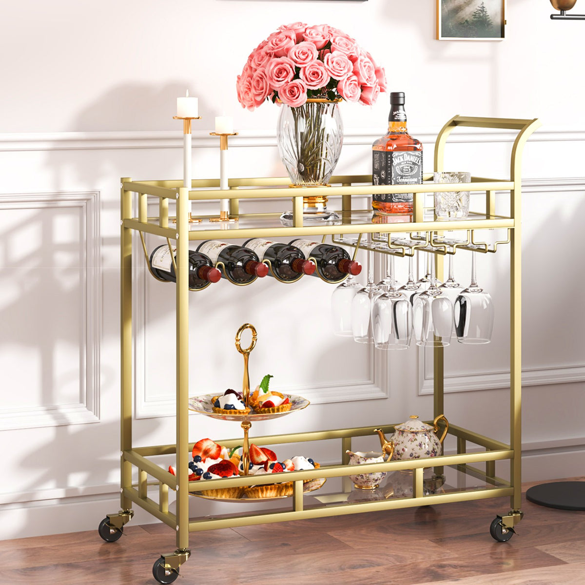 Gold Bar Cart | 2-Tier Metal Serving Cart with Wine Rack & Glass Holder