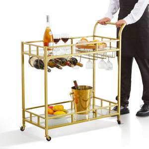 Gold Bar Cart | 2-Tier Metal Serving Cart with Wine Rack & Glass Holder