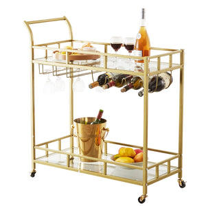 Gold Bar Cart | 2-Tier Metal Serving Cart with Wine Rack & Glass Holder