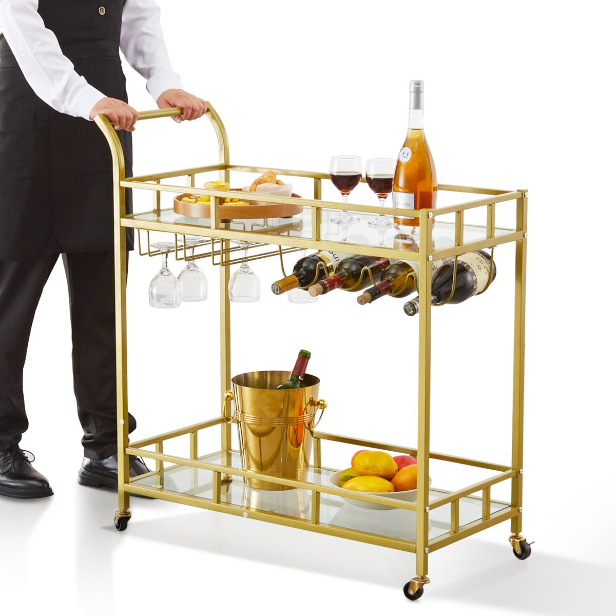 Gold Bar Cart | 2-Tier Metal Serving Cart with Wine Rack & Glass Holder