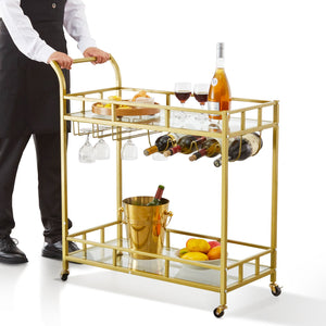 Gold Bar Cart | 2-Tier Metal Serving Cart with Wine Rack & Glass Holder