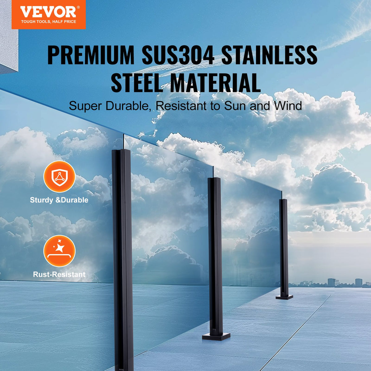 Glass Clamp Railing Bracket | 37.4"H for 0.39"–0.47" Glass Panels | Black Finish