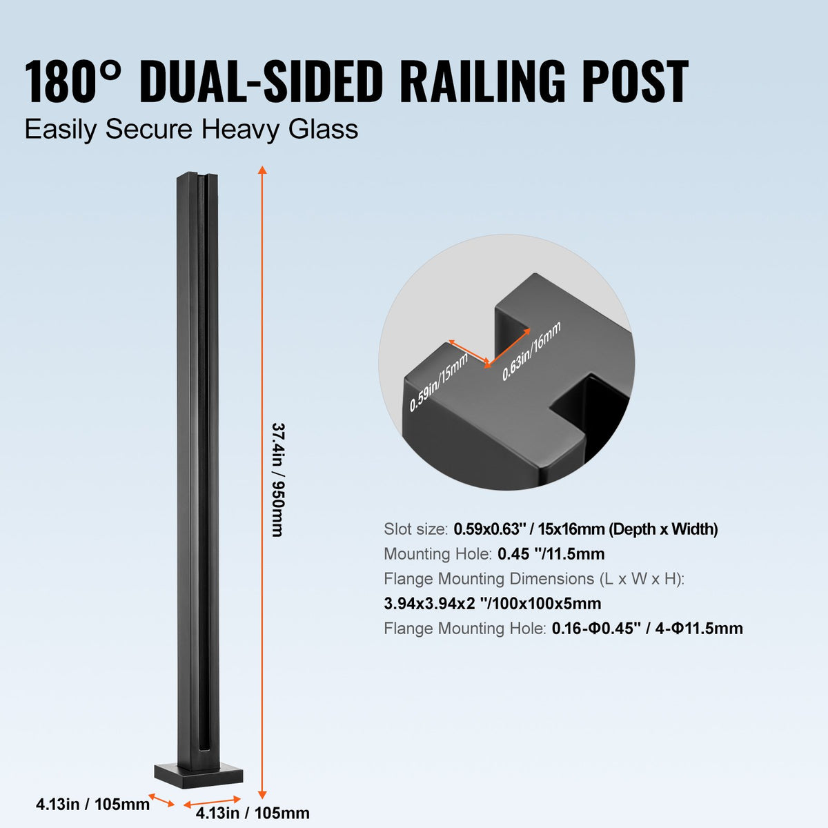 Glass Clamp Railing Bracket | 37.4"H for 0.39"–0.47" Glass Panels | Black Finish