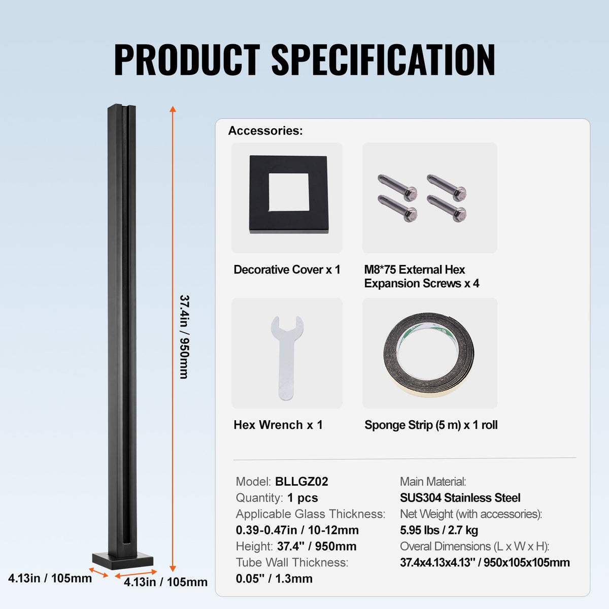 Glass Clamp Railing Bracket | 37.4"H for 0.39"–0.47" Glass Panels | Black Finish