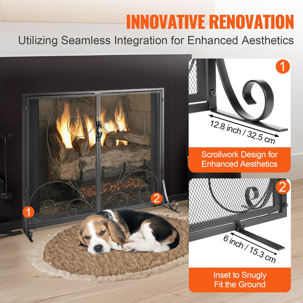 Fireplace Screen | 990x802mm Black Iron Spark Guard | 2-Panel