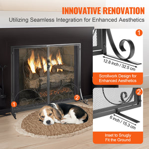 Fireplace Screen | 990x802mm Black Iron Spark Guard | 2-Panel