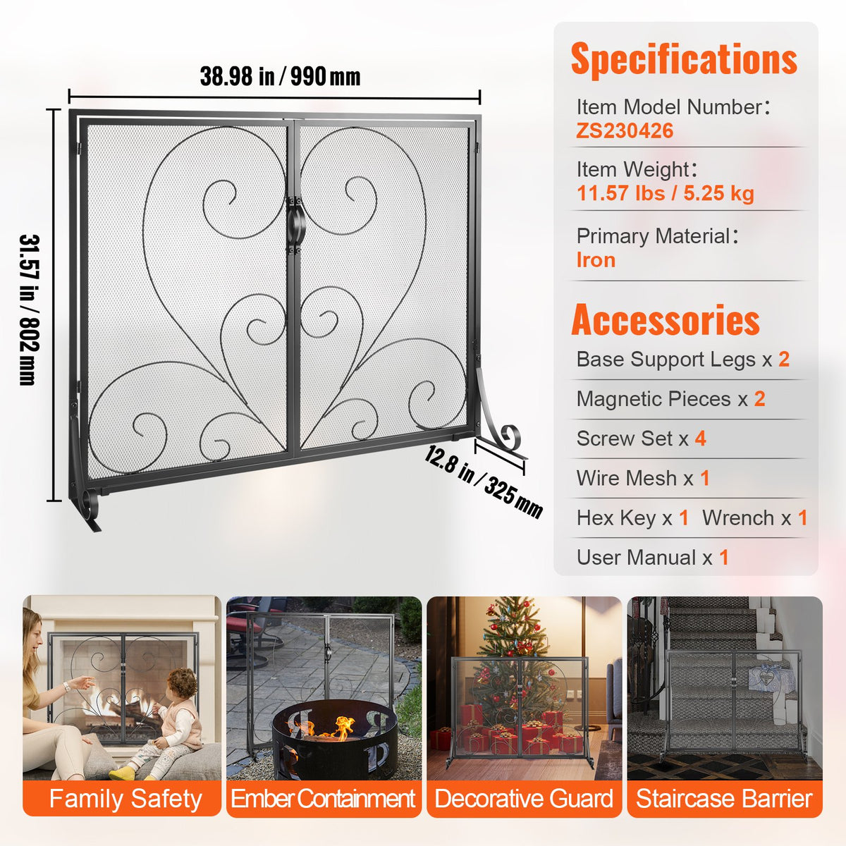 Fireplace Screen | 990x802mm Black Iron Spark Guard | 2-Panel