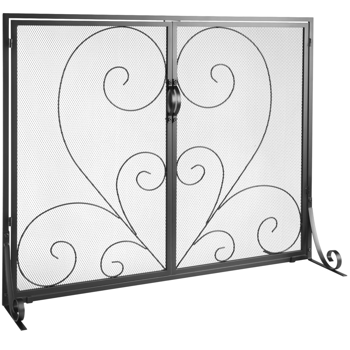 Fireplace Screen | 990x802mm Black Iron Spark Guard | 2-Panel
