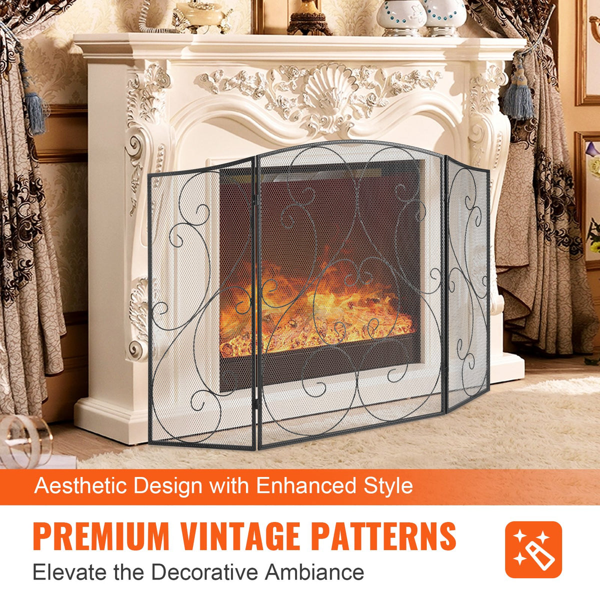 Fireplace Screen 3-Panel | 122x76.7cm Iron Mesh Spark Guard | Free-Standing Vintage Design