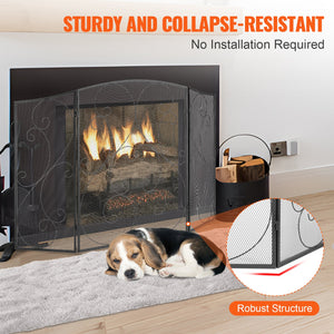 Fireplace Screen 3-Panel | 122x76.7cm Iron Mesh Spark Guard | Free-Standing Vintage Design