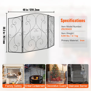 Fireplace Screen 3-Panel | 122x76.7cm Iron Mesh Spark Guard | Free-Standing Vintage Design