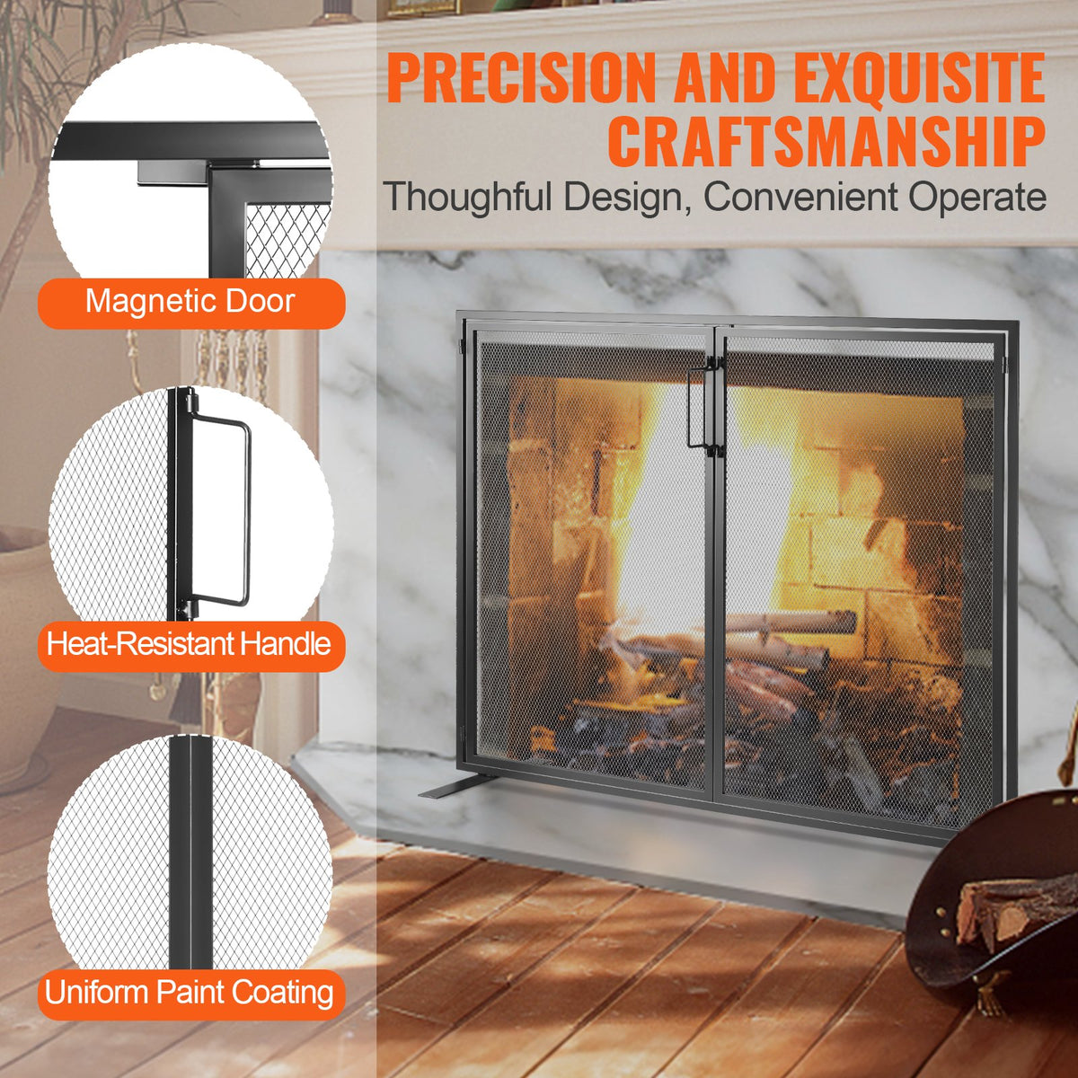 Fireplace Screen 1-Panel with Door | 99x78cm Iron Mesh Spark Guard | Free-Standing Modern