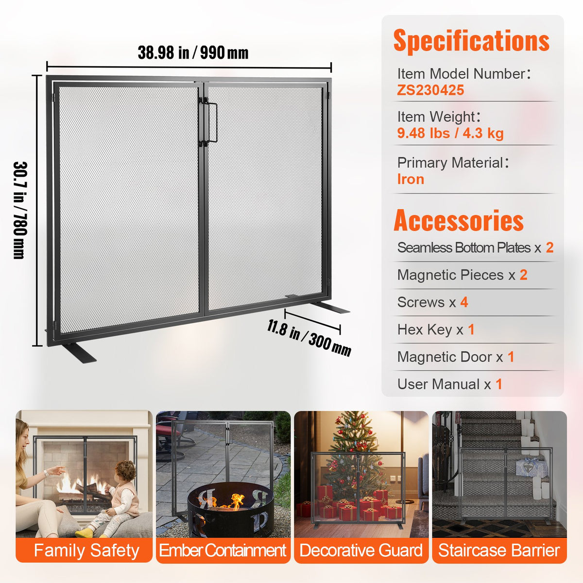 Fireplace Screen 1-Panel with Door | 99x78cm Iron Mesh Spark Guard | Free-Standing Modern