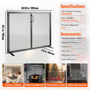 Fireplace Screen 1-Panel with Door | 99x78cm Iron Mesh Spark Guard | Free-Standing Modern