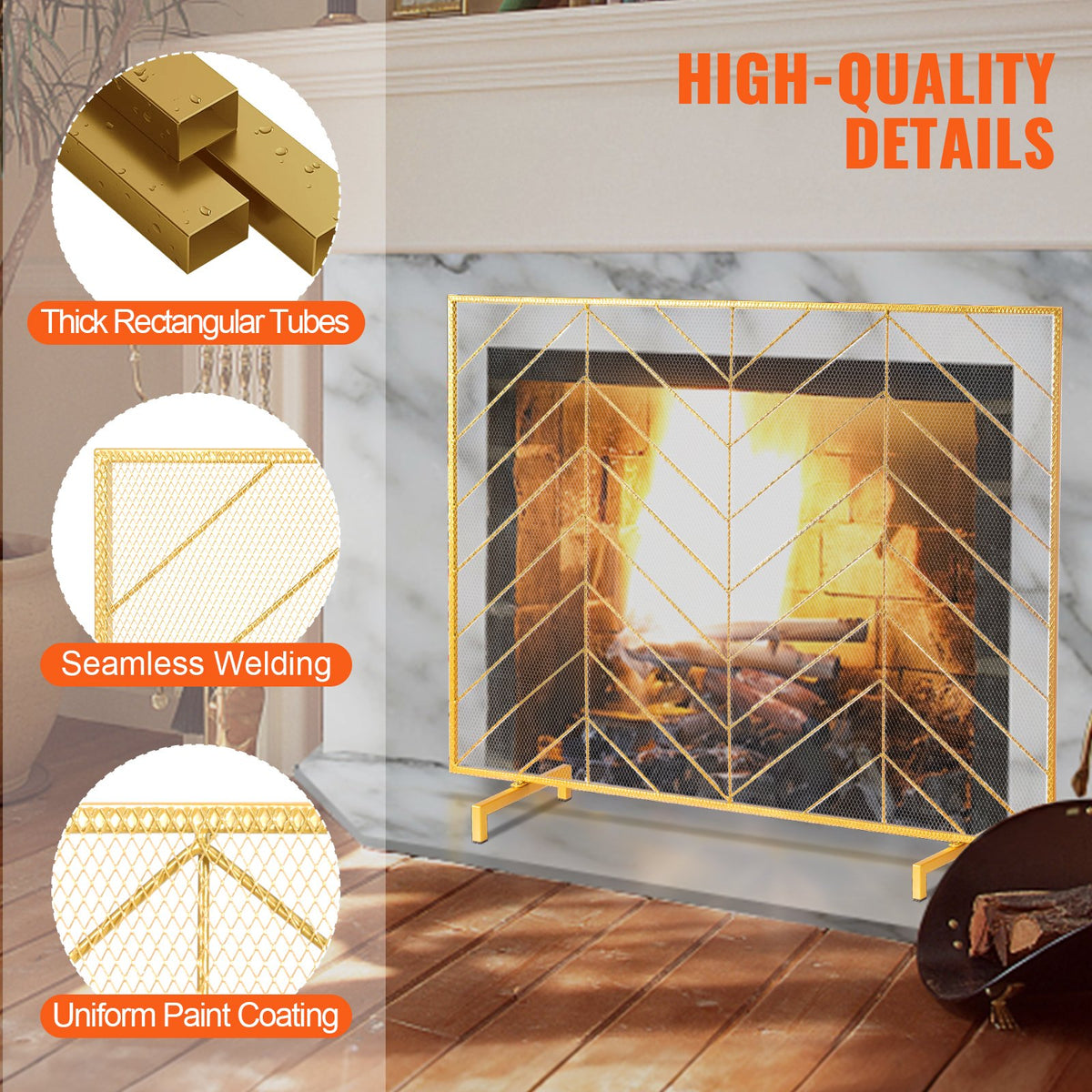 Fireplace Screen | 980x758mm Gold Iron Spark Guard | 1-Panel
