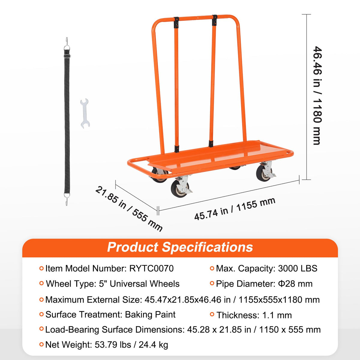 Drywall Cart 3000lbs Capacity | 45.28"x21.8" Deck | Heavy Duty Sheet Panel Dolly with 5" Swivel Wheels | For Garage, Warehouse & Construction Use