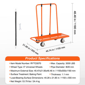 Drywall Cart 3000lbs Capacity | 45.28"x21.8" Deck | Heavy Duty Sheet Panel Dolly with 5" Swivel Wheels | For Garage, Warehouse & Construction Use