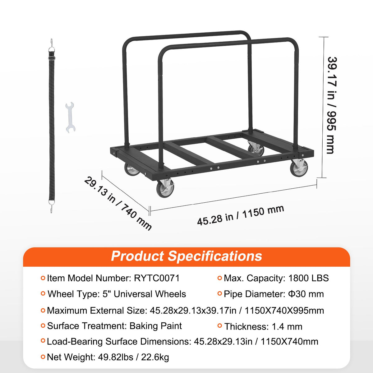 Drywall Cart 1800lbs Capacity | 45.28"x29.13" Deck | Heavy Duty Panel Dolly with 5" Swivel Wheels | For Sheetrock, Lumber & Wall Panel Handling