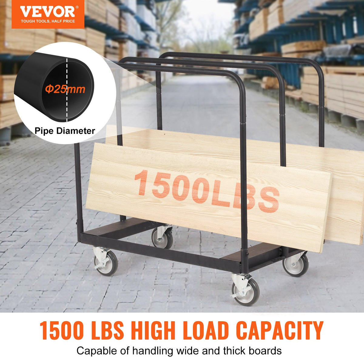 Drywall Cart 1500lbs Capacity | 36.02"x24.02" Deck | Heavy Duty Panel Dolly with 5" Swivel Wheels | For Sheetrock, Lumber & Panel Transport