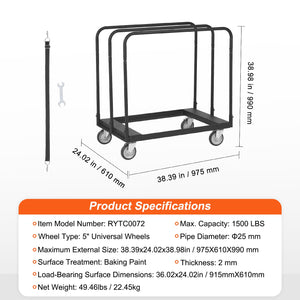 Drywall Cart 1500lbs Capacity | 36.02"x24.02" Deck | Heavy Duty Panel Dolly with 5" Swivel Wheels | For Sheetrock, Lumber & Panel Transport