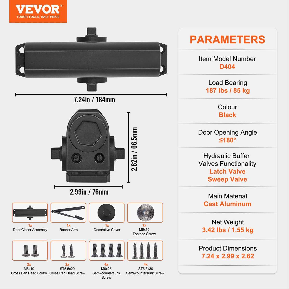 Door Closer | Automatic Hydraulic Size Adjustable | Heavy Duty Cast Aluminum | Black