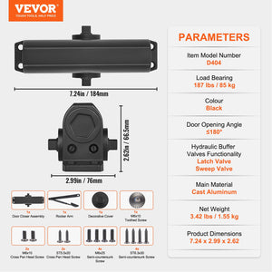 Door Closer | Automatic Hydraulic Size Adjustable | Heavy Duty Cast Aluminum | Black