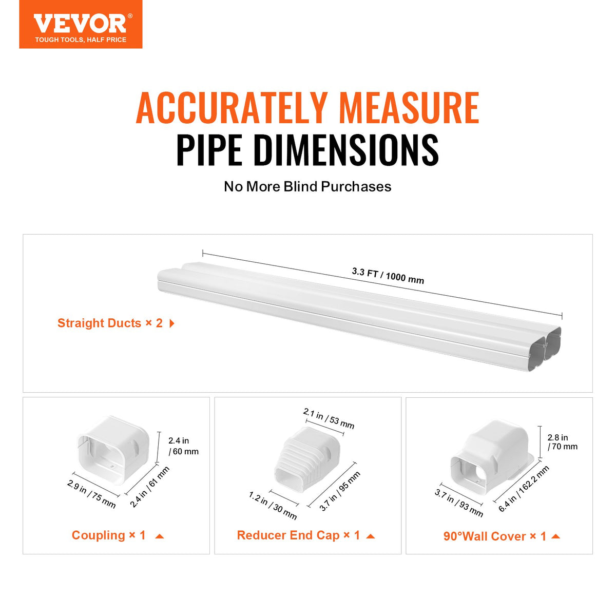 Mini Split Line Set Cover 76.2mm W x 2270mm L | PVC Decorative AC Pipe Cover Kit with 2 Straight Ducts & Full Components | Paintable | White