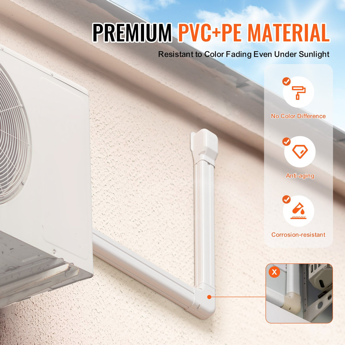 Mini Split Line Set Cover 76.2mm W x 2270mm L | PVC Decorative AC Pipe Cover Kit with 2 Straight Ducts & Full Components | Paintable | White