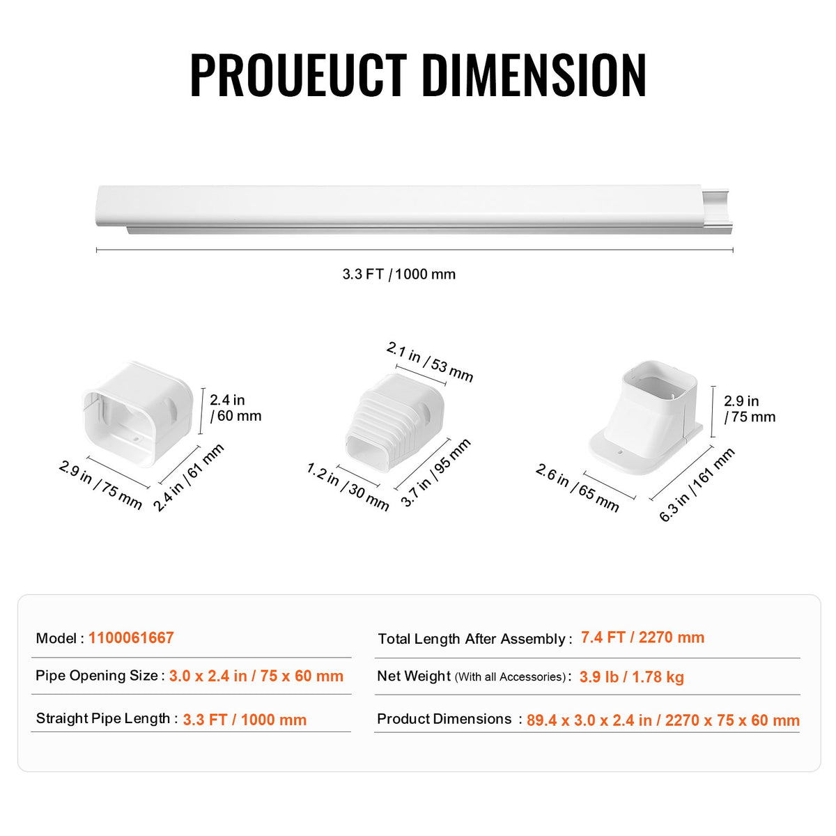 Mini Split Line Set Cover 76.2mm W x 2270mm L | PVC Decorative AC Pipe Cover Kit with 2 Straight Ducts & Full Components | Paintable | White