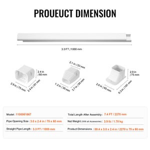 Mini Split Line Set Cover 76.2mm W x 2270mm L | PVC Decorative AC Pipe Cover Kit with 2 Straight Ducts & Full Components | Paintable | White