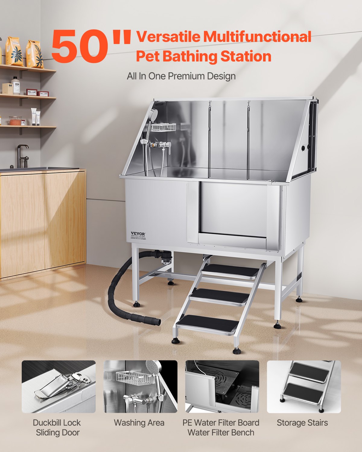 Dog Grooming Bath Tub | 127cm Stainless Steel with Stairs & Filter