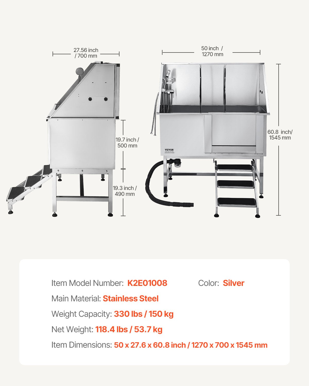 Dog Grooming Bath Tub | 127cm Stainless Steel with Stairs & Filter