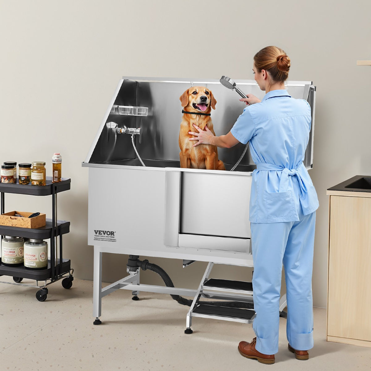 Dog Grooming Bath Tub | 127cm Stainless Steel with Stairs & Filter