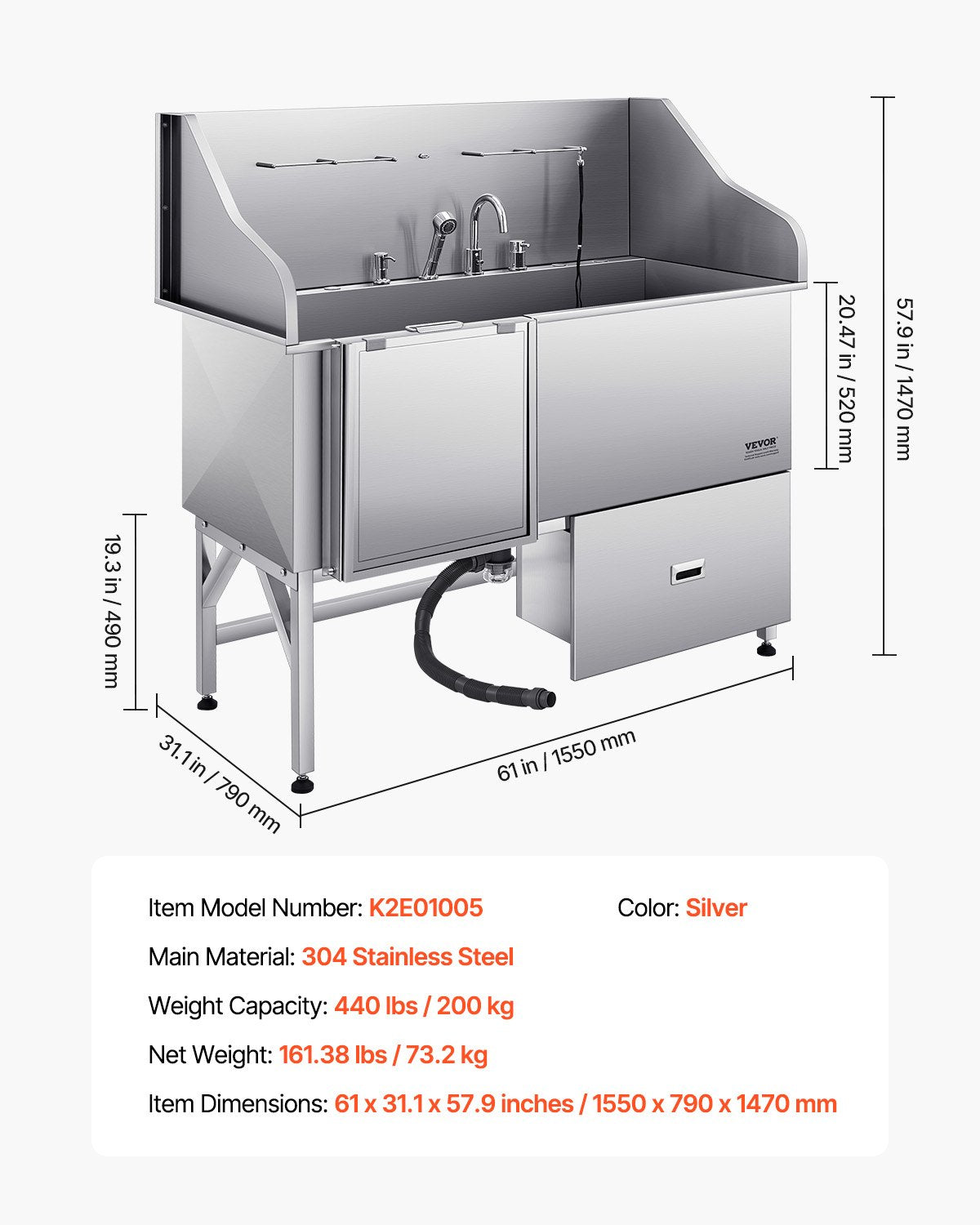 Dog Grooming Tub | 155cm Stainless Steel with Ramp & Filter | Left Entry