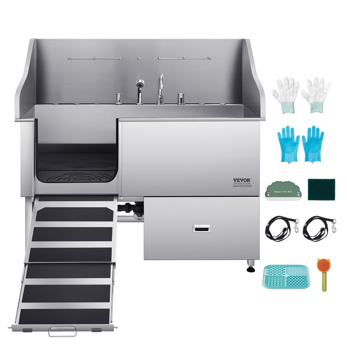 Dog Grooming Tub | 155cm Stainless Steel with Ramp & Filter | Left Entry