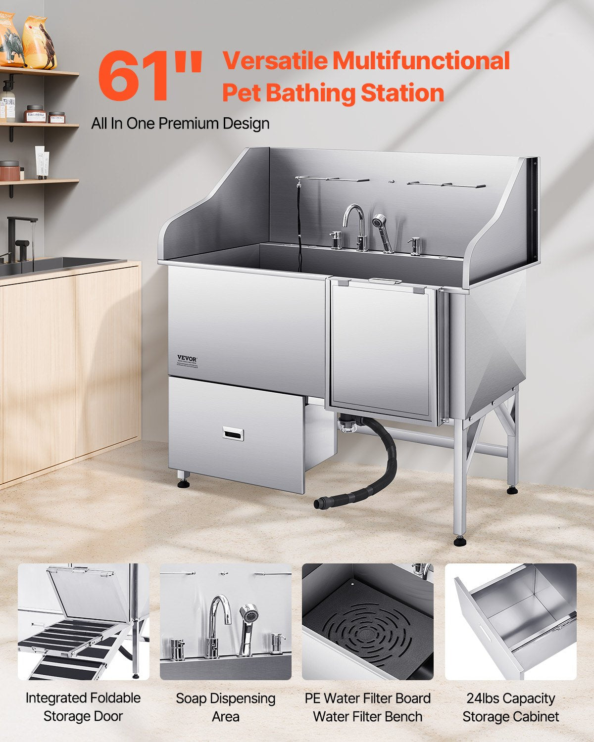 Dog Grooming Bath Tub | 155cm Stainless Steel with Ramp & Filter