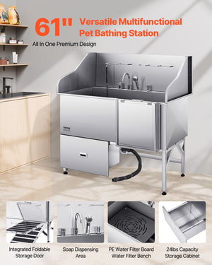 Dog Grooming Bath Tub | 155cm Stainless Steel with Ramp & Filter