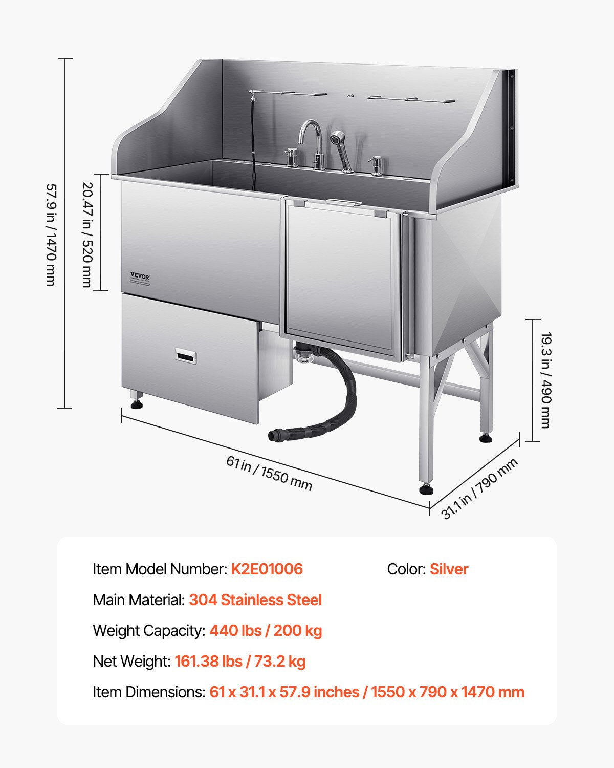 Dog Grooming Bath Tub | 155cm Stainless Steel with Ramp & Filter