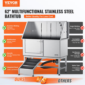 Stainless Steel Dog Grooming Bath 1.57m Left Ramp | Professional Pet Washing Station with Soap Box, Faucet & Accessories | For Small, Medium & Large Dogs