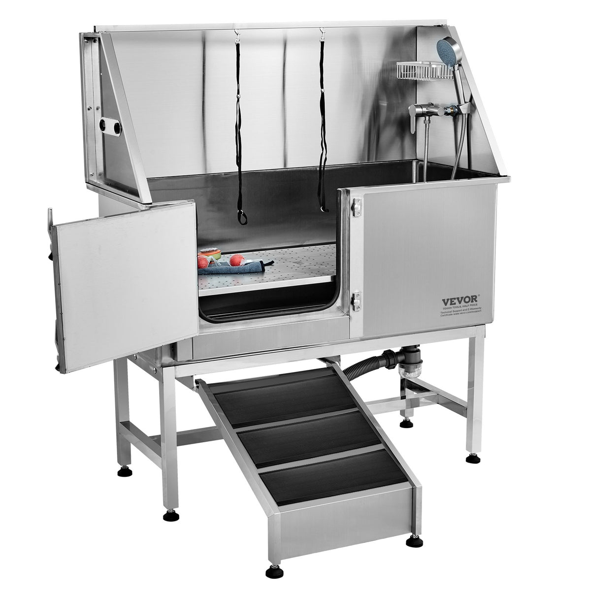 Stainless Steel Dog Grooming Bath 1.57m Left Ramp | Professional Pet Washing Station with Soap Box, Faucet & Accessories | For Small, Medium & Large Dogs
