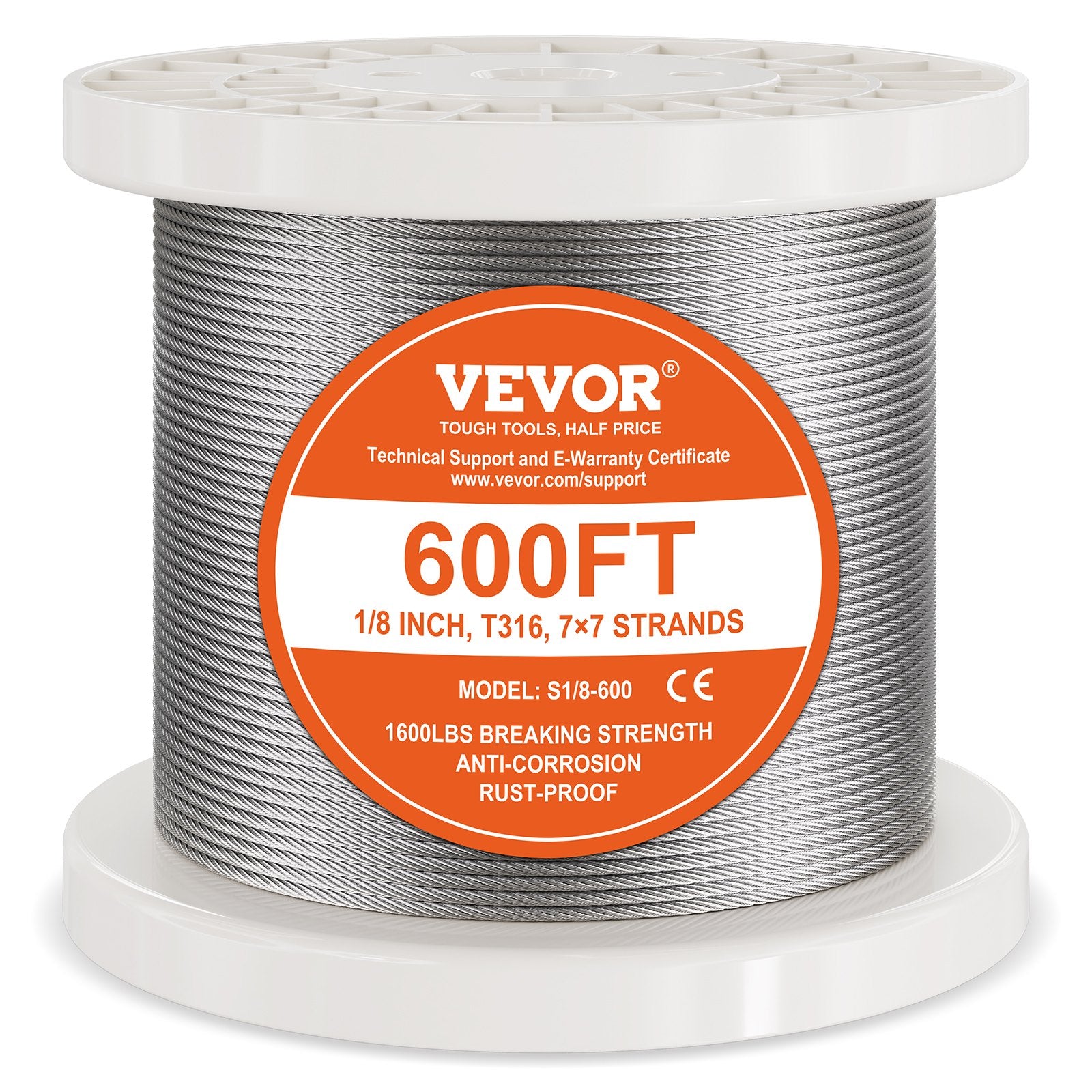 Stainless Steel Cable | T316 3.18mm 7x7 Wire Rope | 182.3m for Railing & Rigging