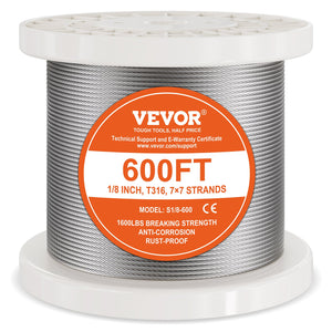 Stainless Steel Cable | T316 3.18mm 7x7 Wire Rope | 182.3m for Railing & Rigging