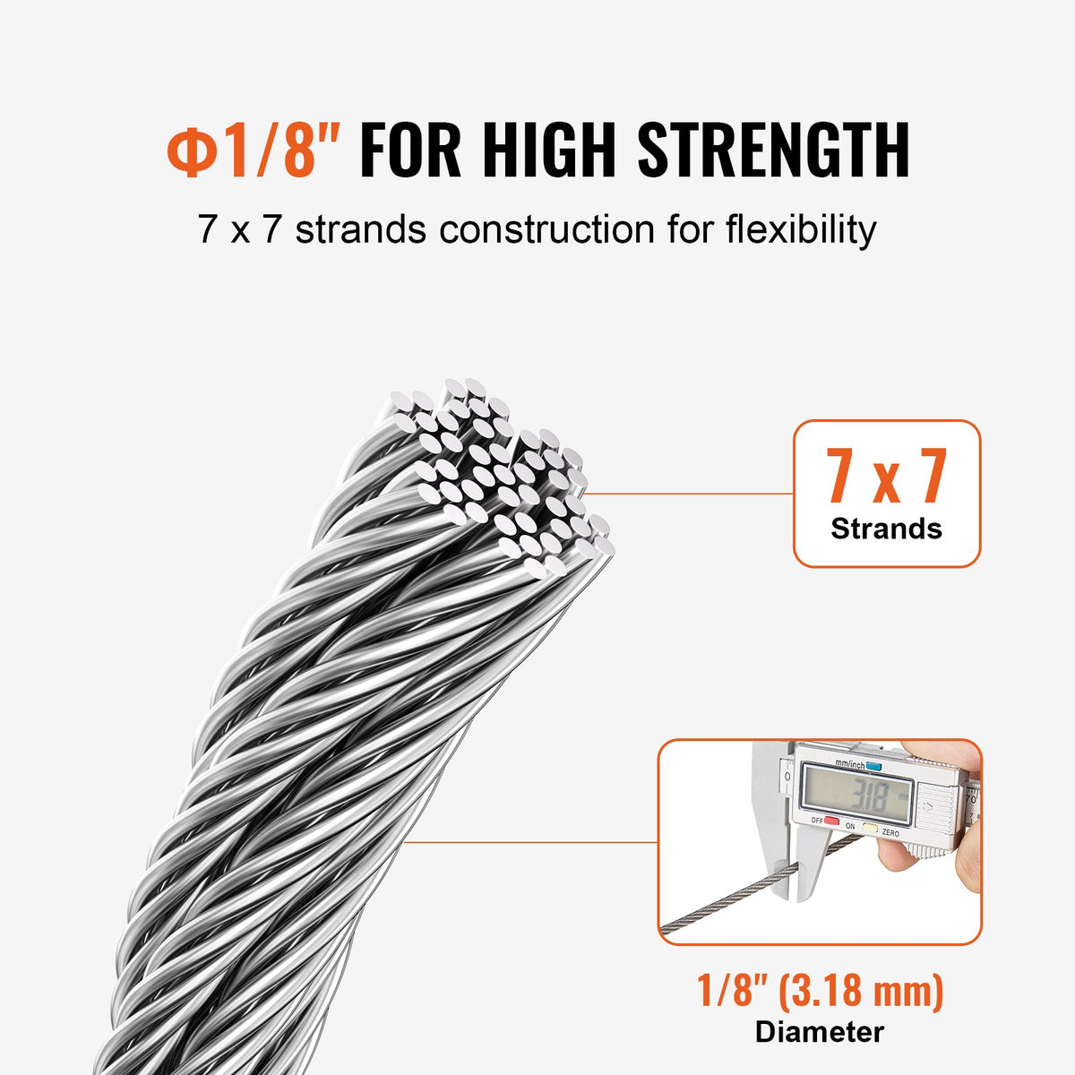 Stainless Steel Cable | T316 3.18mm 7x7 Wire Rope | 182.3m for Railing & Rigging