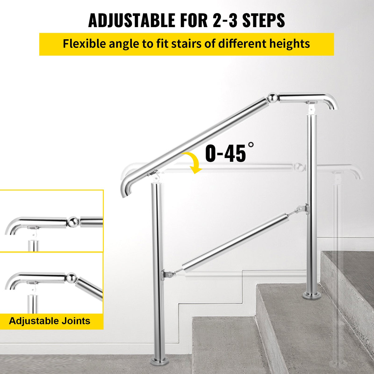 3 Step Stainless Steel Handrail | Adjustable Transitional Railing for 1-3 Steps | 220lbs Capacity | Indoor & Outdoor Stair Rail with Install Kit