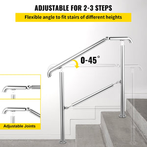 3 Step Stainless Steel Handrail | Adjustable Transitional Railing for 1-3 Steps | 220lbs Capacity | Indoor & Outdoor Stair Rail with Install Kit