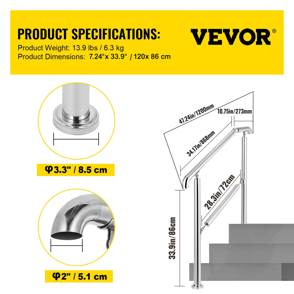 3 Step Stainless Steel Handrail | Adjustable Transitional Railing for 1-3 Steps | 220lbs Capacity | Indoor & Outdoor Stair Rail with Install Kit