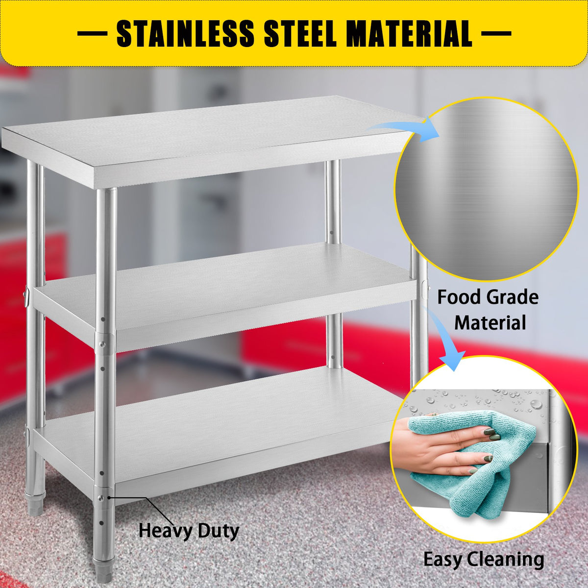 Stainless Steel Prep Table 1520x450x855mm | Commercial Kitchen Work Table with 2 Adjustable Undershelves | Heavy Duty BBQ Prep Table for Garage, Home, Warehouse | Silver